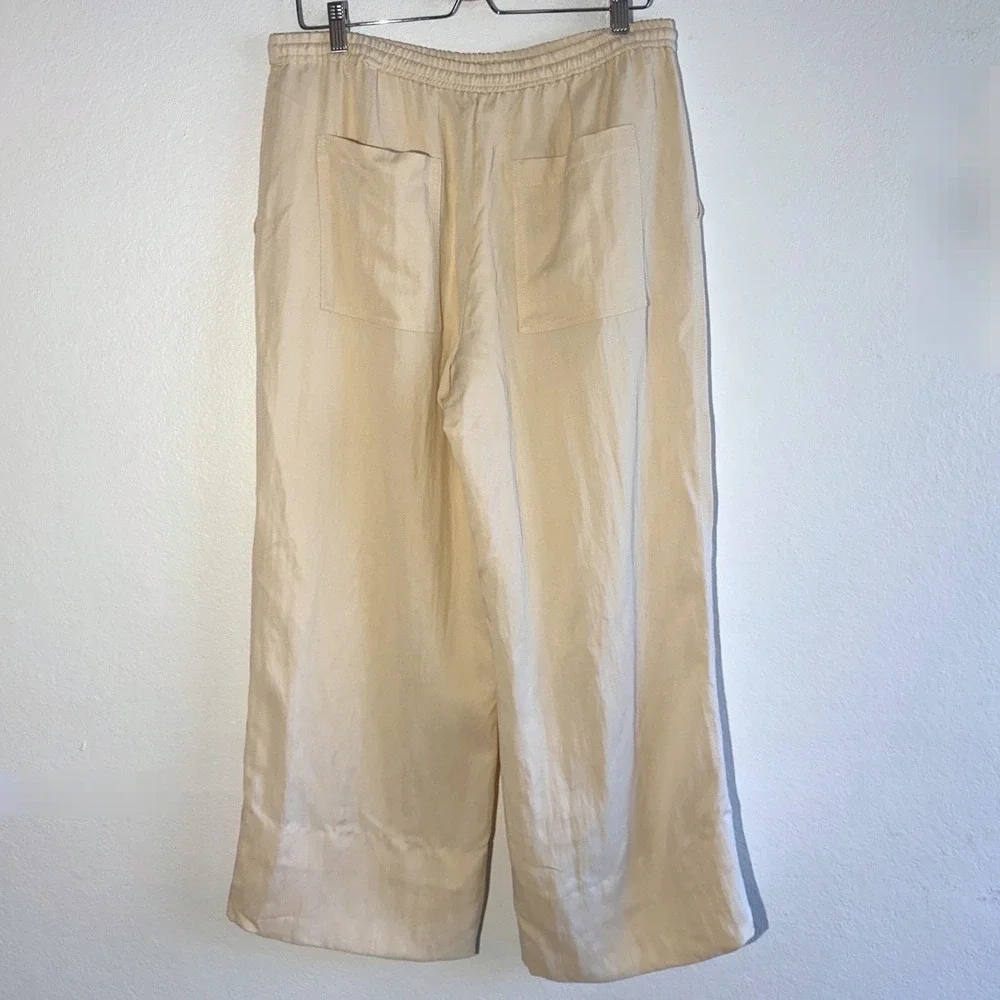 Zara Womens Large Wide Leg‎ Drawstring Pants Cream Beige Relaxed Trousers